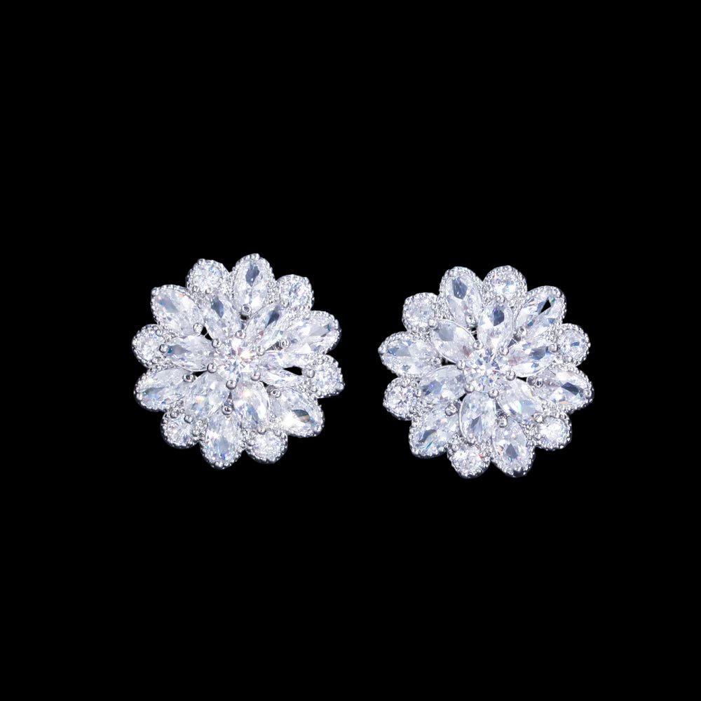 Flower Stud Earrings - Silver Plated - Cubic Zirconia