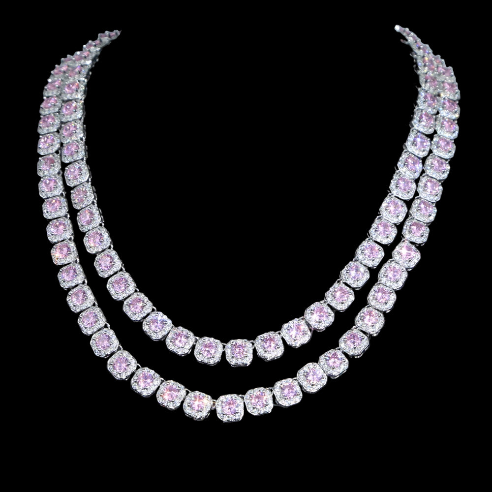 Pink Diamond Cluster Tennis Necklace - Cubic Zirconia