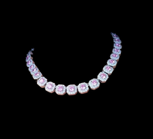 Pink Diamond Cluster Tennis Necklace - Cubic Zirconia