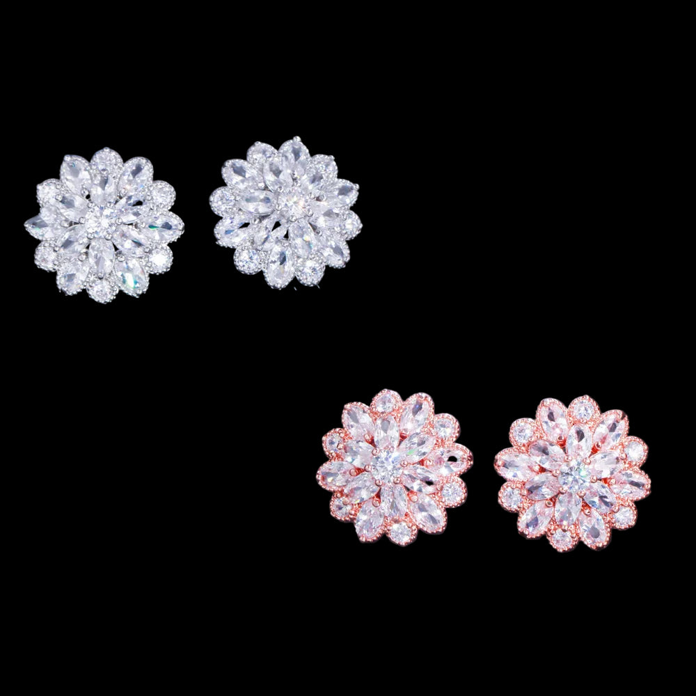 Flower Stud Earrings - Silver Plated - Cubic Zirconia