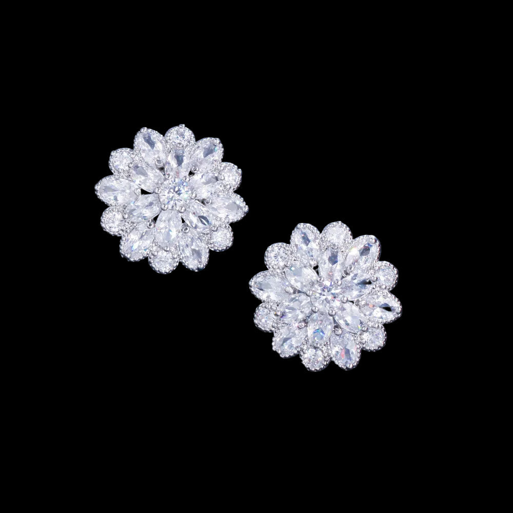 Flower Stud Earrings - Silver Plated - Cubic Zirconia