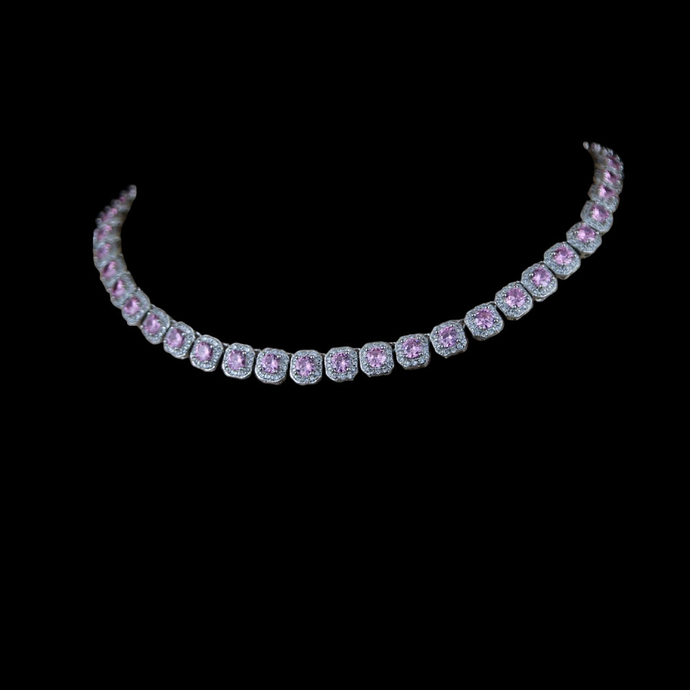 Pink Diamond Cluster Tennis Necklace - Cubic Zirconia